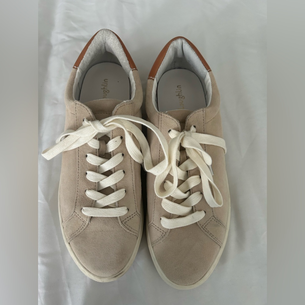J McLaughlin Tan and White Low-Top Sneakers with Suede Finish